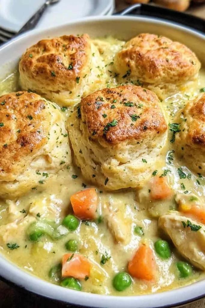 Golden brown Red Lobster Biscuit Chicken Pot Pie in a baking dish on a rustic table.