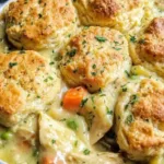 Red Lobster biscuit chicken pot pie in a baking dish with golden Cheddar Bay biscuit topping