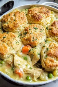 Red Lobster biscuit chicken pot pie in a baking dish with golden Cheddar Bay biscuit topping