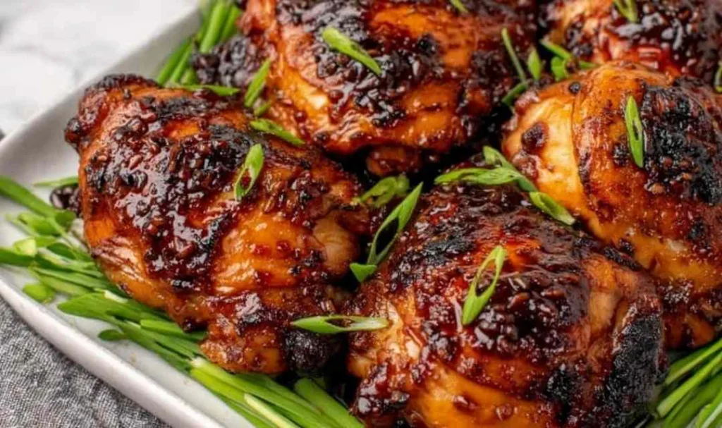 Roasted miso chicken thighs with caramelized glaze on a lined baking sheet