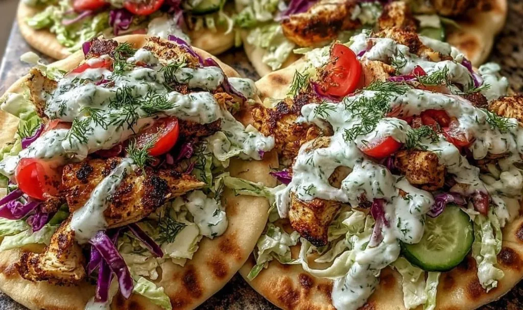 Sheet Pan Chicken Pitas with Fresh Herb Ranch Slaw ready to serve