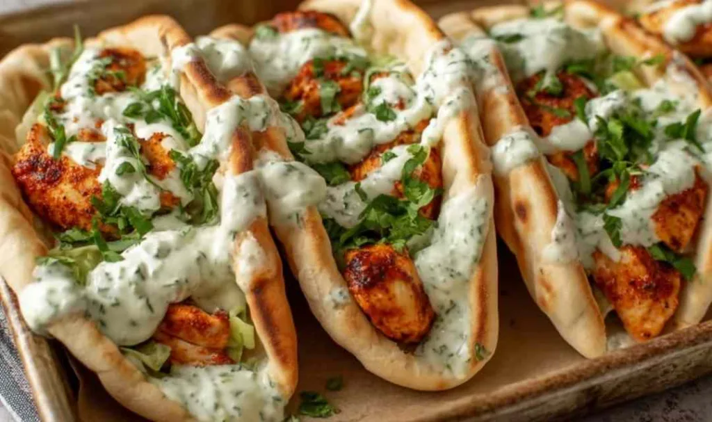 sheet pan chicken pitas with herby ranch dressing on a wooden cutting board