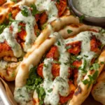 sheet pan chicken pitas with herby ranch dressing on a wooden cutting board