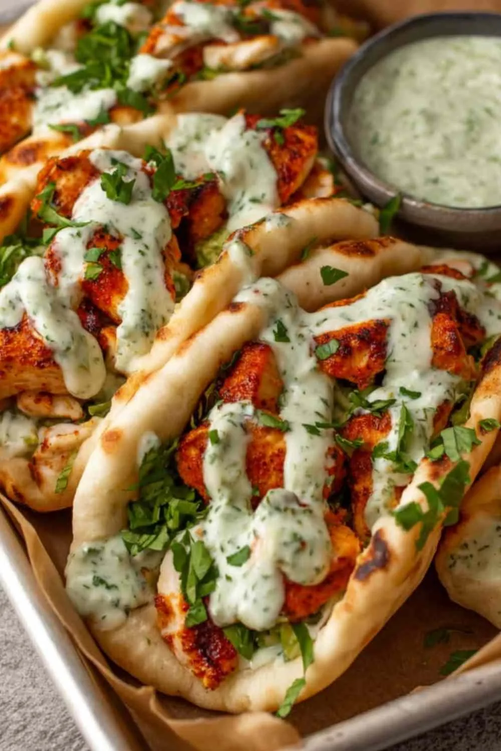 sheet pan chicken pitas with herby ranch dressing on a wooden cutting board