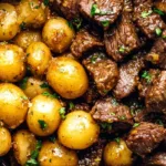 Slow cooker garlic butter beef bites with potatoes in a white bowl garnished with parsley