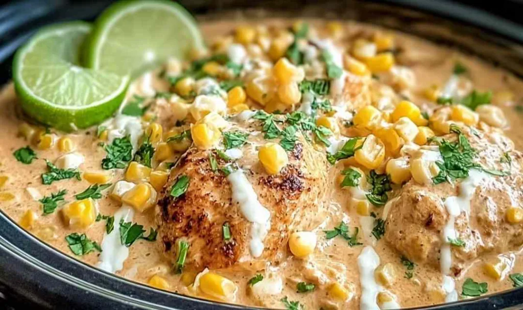 Slow-Cooker Street Corn Chicken in a white bowl with cilantro.