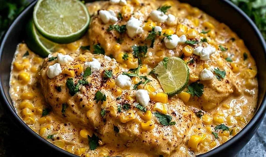 Slow Cooker Street Corn Chicken in a white bowl