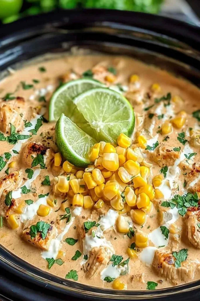 Slow-Cooker Street Corn Chicken in a white bowl with cilantro.