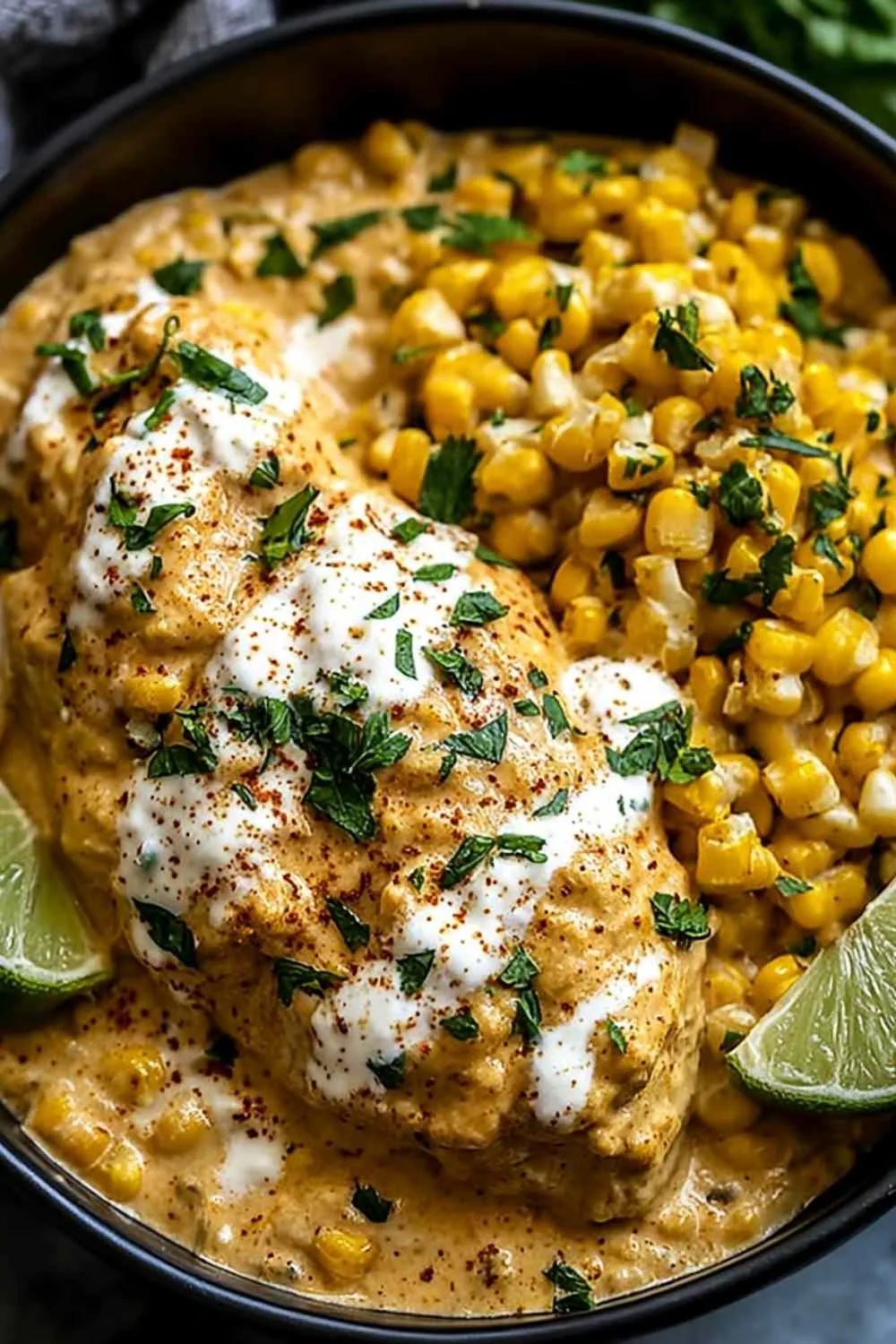 Slow Cooker Street Corn Chicken in a white bowl