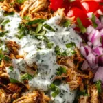 Slow cooker chicken shawarma served in warm pita with fresh vegetables and tahini sauce