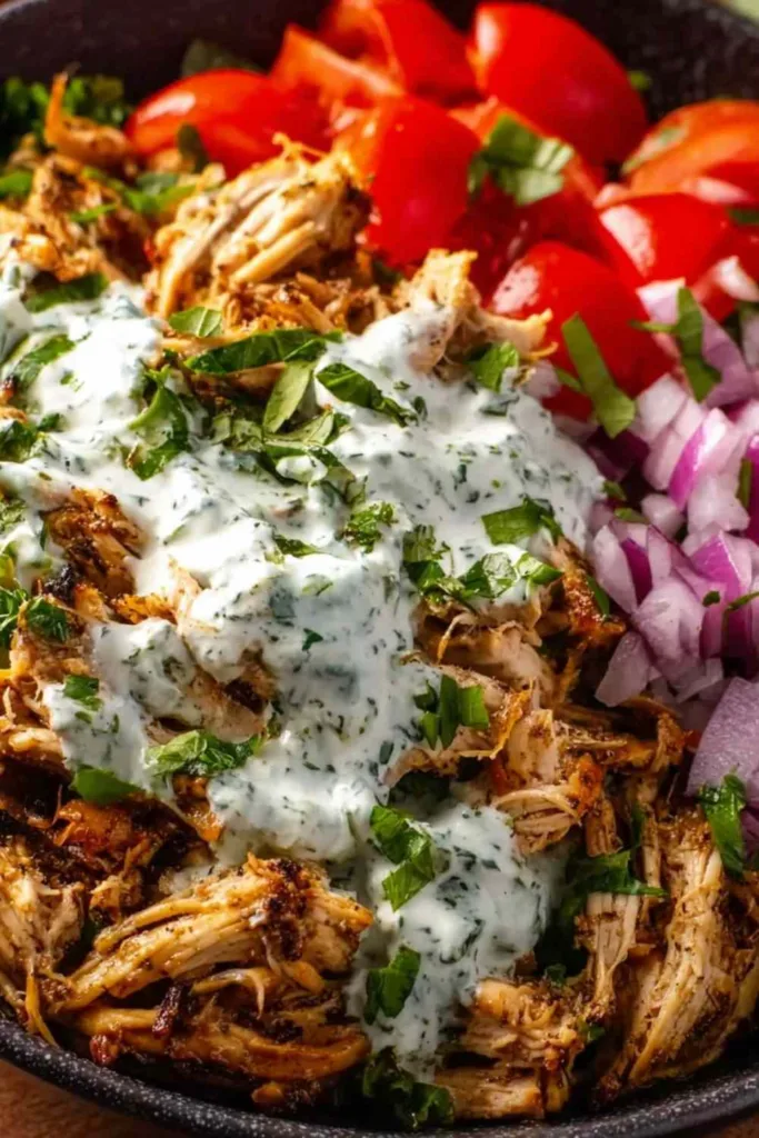 Slow cooker chicken shawarma served in warm pita with fresh vegetables and tahini sauce