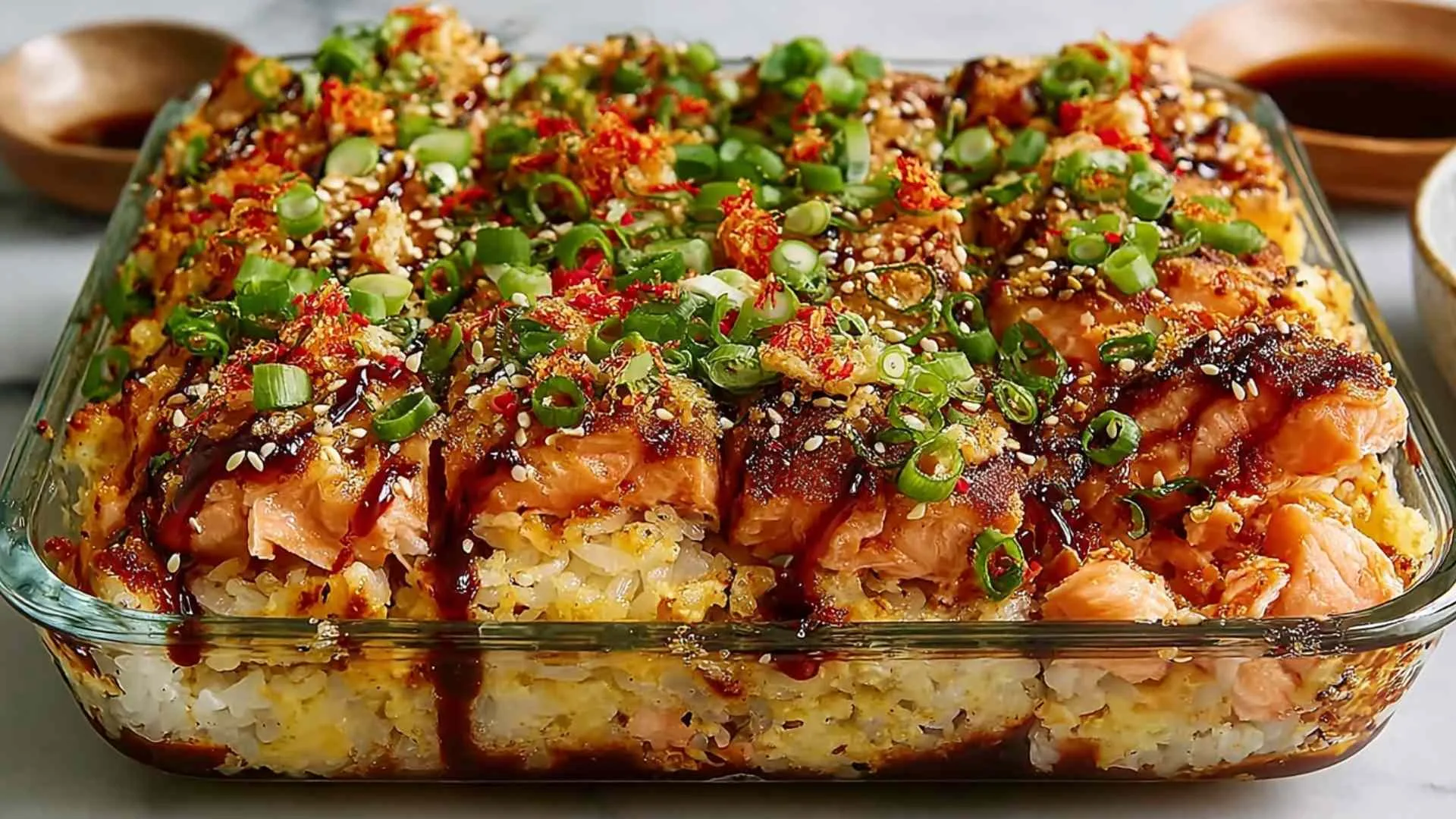Spicy salmon sushi bake