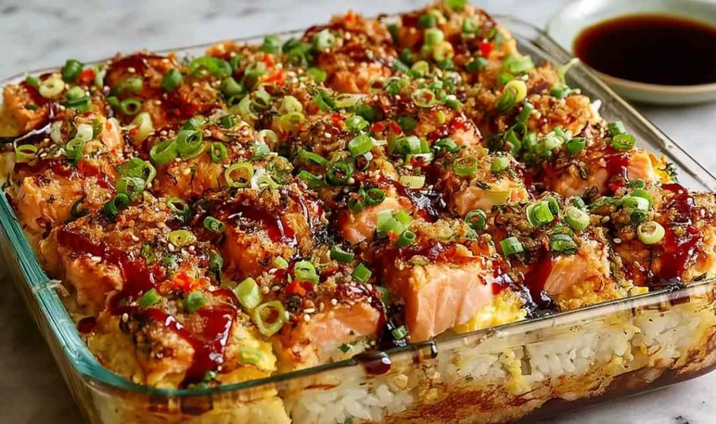 Spicy salmon sushi bake in a white casserole dish topped with avocado cucumber green onion and Kewpie mayo drizzle