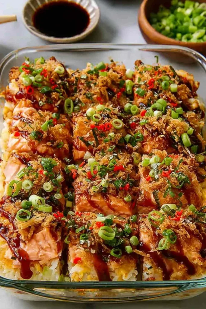 Spicy salmon sushi bake in a white casserole dish topped with avocado cucumber green onion and Kewpie mayo drizzle