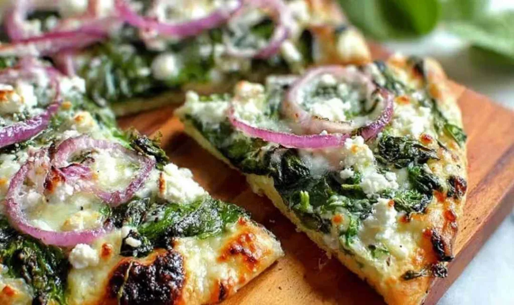 Spinach feta flatbread pizza topped with mozzarella fresh spinach red onion and crumbled feta before baking