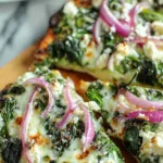 Spinach feta flatbread pizza topped with mozzarella fresh spinach red onion and crumbled feta before baking