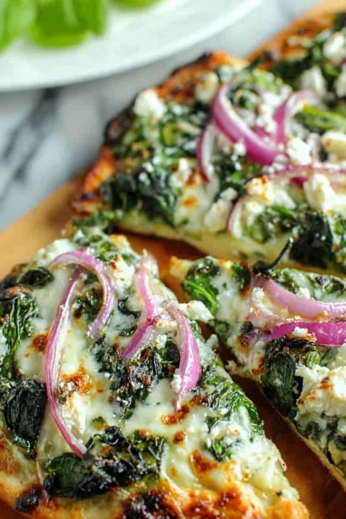 Spinach feta flatbread pizza topped with mozzarella fresh spinach red onion and crumbled feta before baking