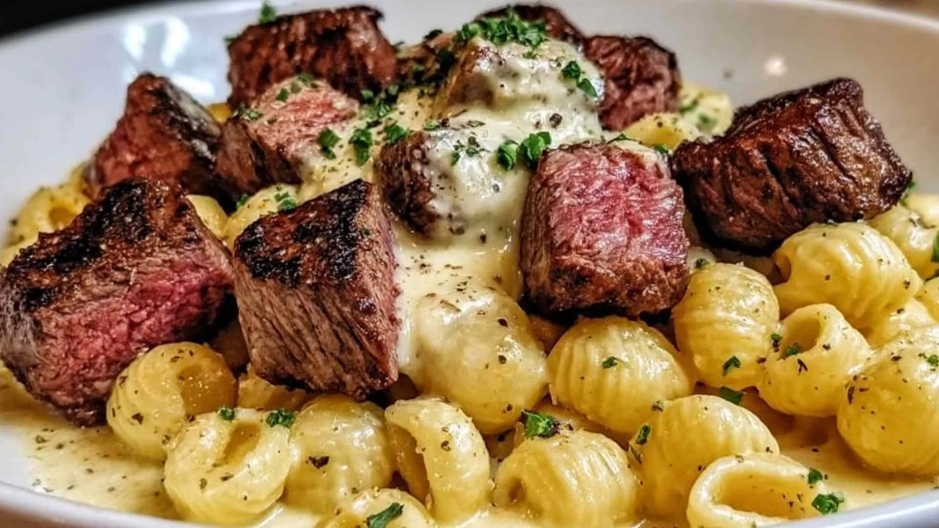 Steak Bites and Shell Pasta
