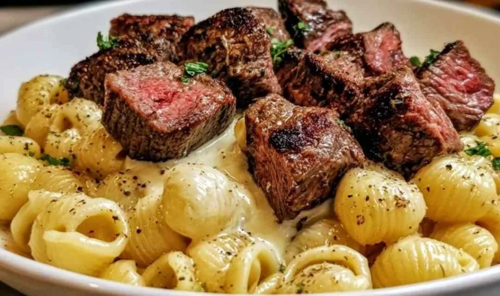 Steak bites and shell pasta in garlic butter Alfredo sauce served in a white bowl with parsley garnish