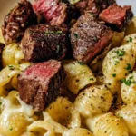 Steak bites and shell pasta in garlic butter Alfredo sauce served in a white bowl with parsley garnish