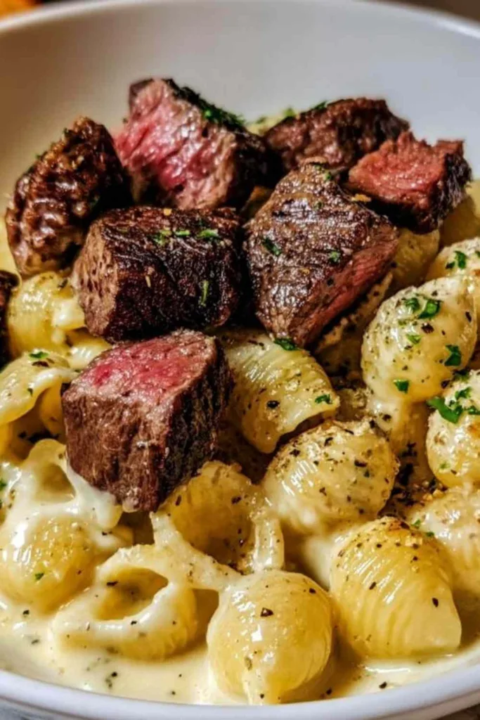 Steak bites and shell pasta in garlic butter Alfredo sauce served in a white bowl with parsley garnish