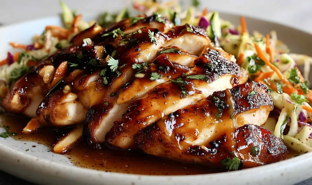 Sticky Apple Cider Chicken in a cast iron skillet with brown sugar glaze