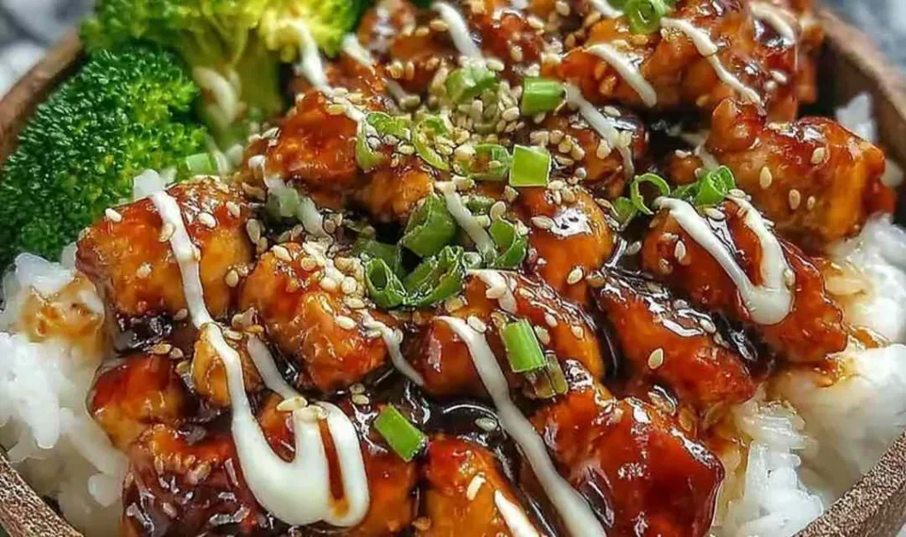 sticky chicken rice bowls with honey soy glaze broccoli and sesame seeds