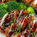 sticky chicken rice bowls with honey soy glaze broccoli and sesame seeds
