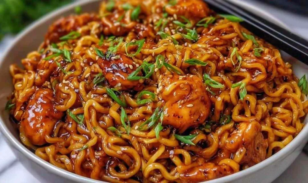 Sticky garlic chicken noodles in a skillet garnished with green onions and sesame seeds