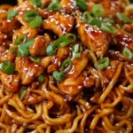 Sticky Garlic Chicken Noodles in a cast iron pan with chopsticks