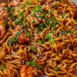 Sticky garlic chicken noodles in a skillet garnished with green onions and sesame seeds