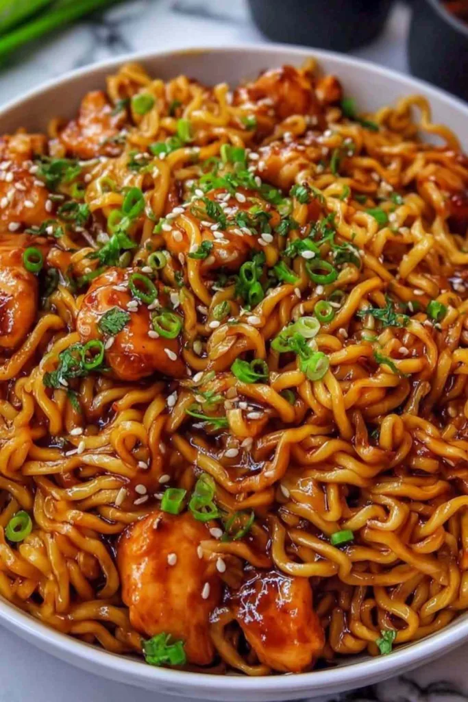 Sticky garlic chicken noodles in a skillet garnished with green onions and sesame seeds