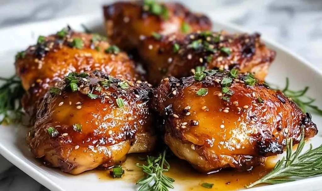 Sticky baked chicken thighs with caramelized balsamic glaze in a baking dish