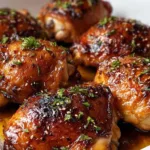 Sticky baked chicken thighs with caramelized balsamic glaze in a baking dish