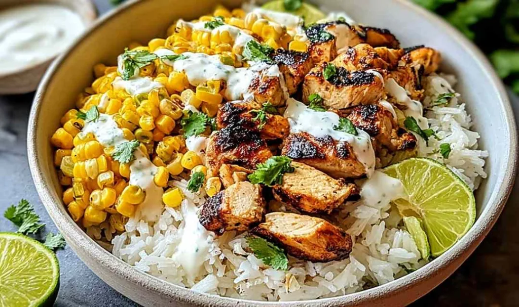 street corn chicken rice bowl with cotija cheese and fresh cilantro