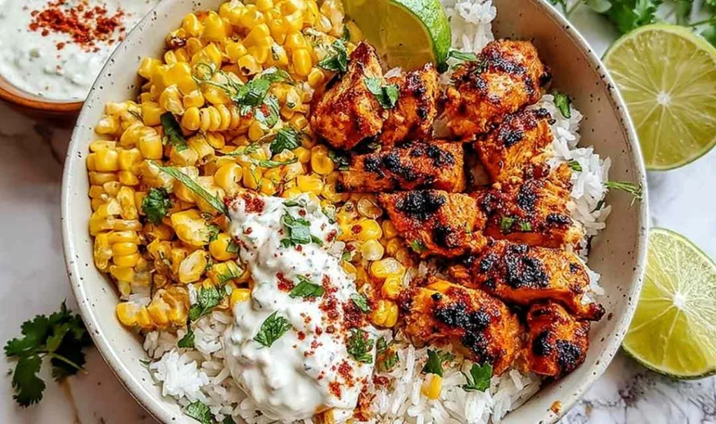 Street Corn Chicken Rice Bowl with grilled chicken, charred corn, black beans, cotija cheese, and lime crema in a white bowl