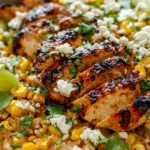 Street corn chicken rice bowl with charred corn, lime crema, cotija cheese, and fresh cilantro
