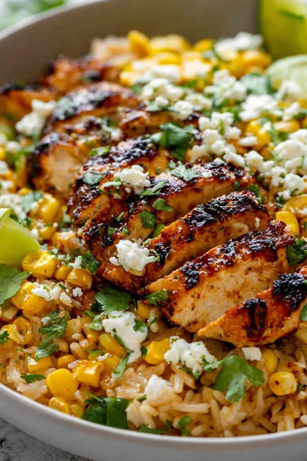 Street corn chicken rice bowl with charred corn, lime crema, cotija cheese, and fresh cilantro