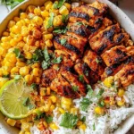 Street Corn Chicken Rice Bowl with grilled chicken, charred corn, black beans, cotija cheese, and lime crema in a white bowl