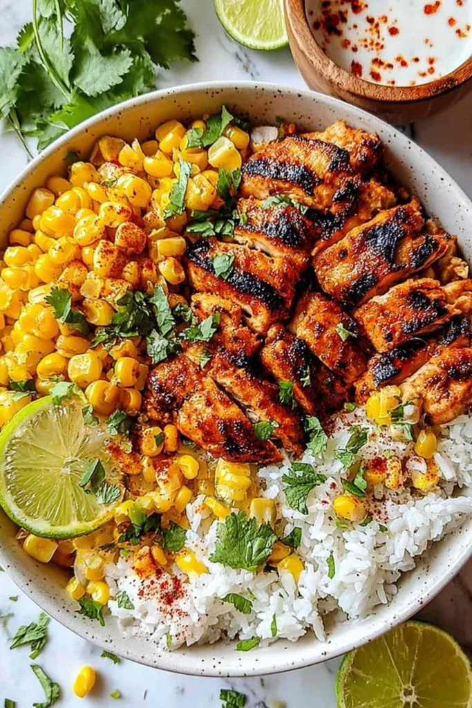 Street Corn Chicken Rice Bowl with grilled chicken, charred corn, black beans, cotija cheese, and lime crema in a white bowl