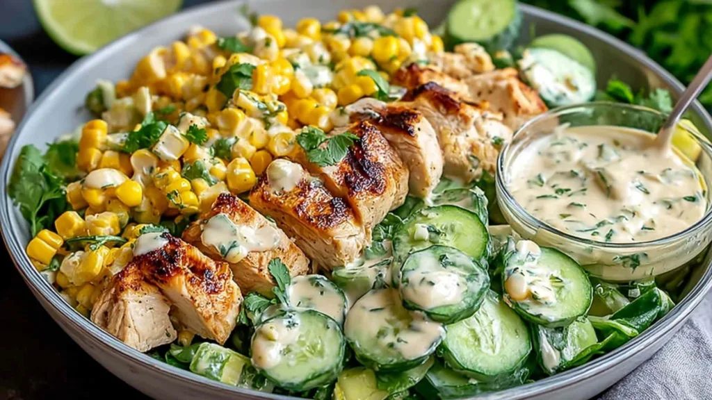 Street Corn Creamy Cucumber Chicken Salad in a white bowl close up