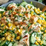 Street Corn Creamy Cucumber Chicken Salad in a white bowl close up