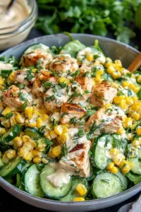 Street Corn Creamy Cucumber Chicken Salad in a white bowl close up
