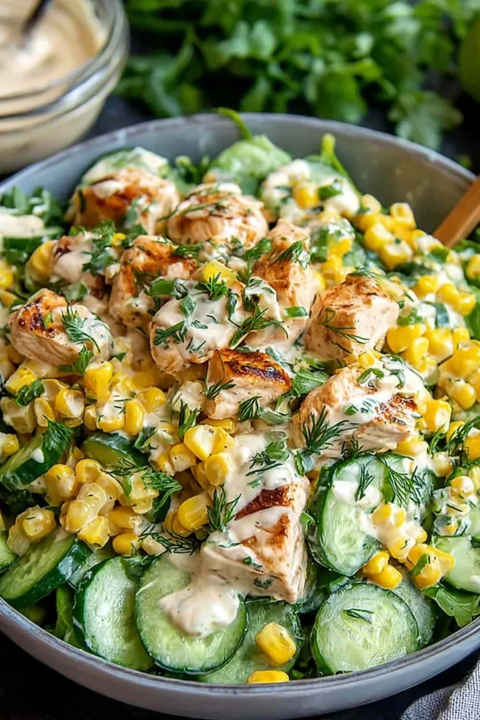 Street Corn Creamy Cucumber Chicken Salad in a white bowl close up