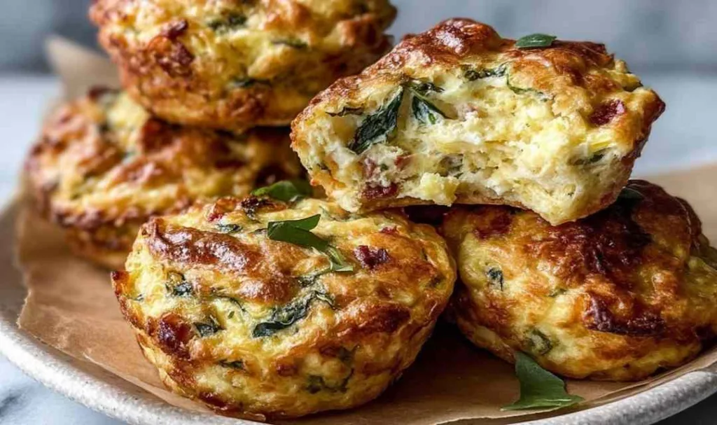 Alt Text: Easy Sun Dried Tomato and Spinach Egg Biscuits on a baking sheet