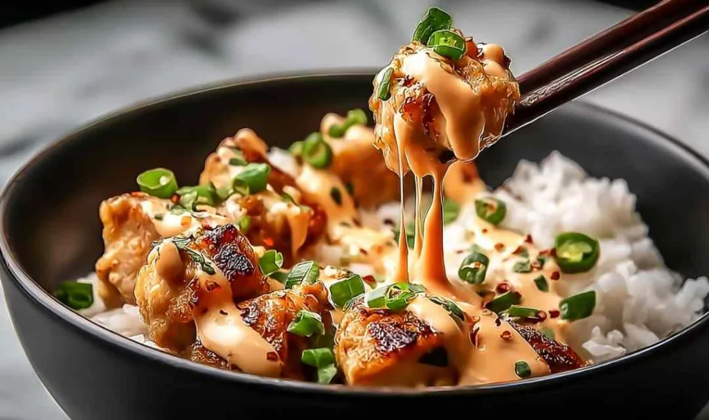 Sweet Chili Chicken Bowl with Coconut Lime Drizzle Magic in a white bowl on a wooden table.