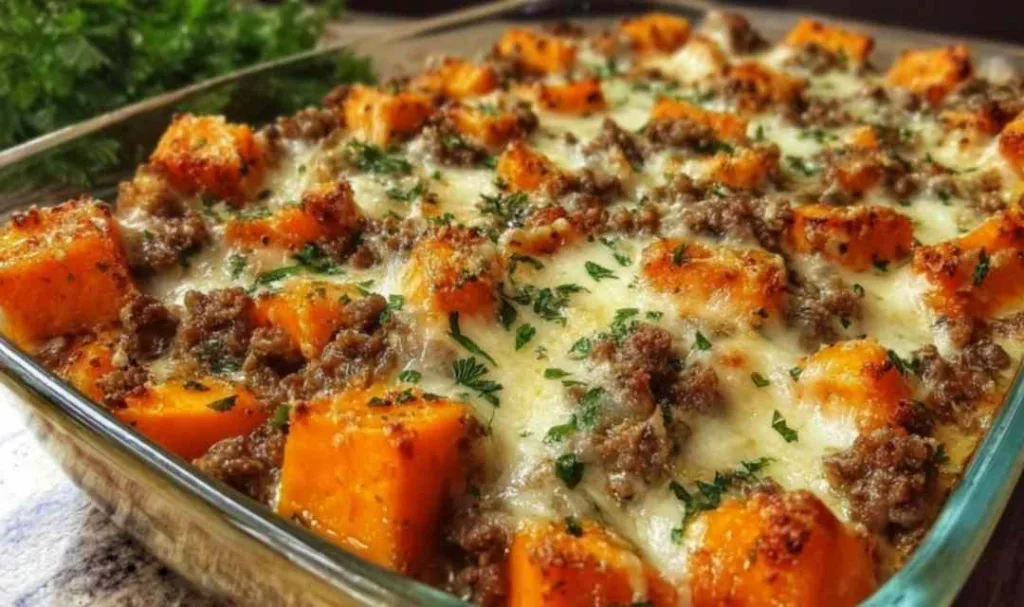 Sweet Potato Ground Turkey Bake in a baking dish