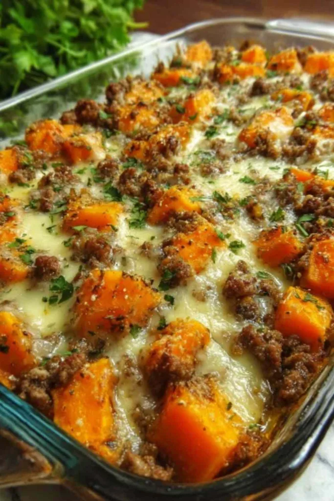Sweet Potato Ground Turkey Bake in a baking dish