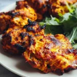 Raw chicken thighs coated in red Tandoori Chicken marinade in a glass bowl.