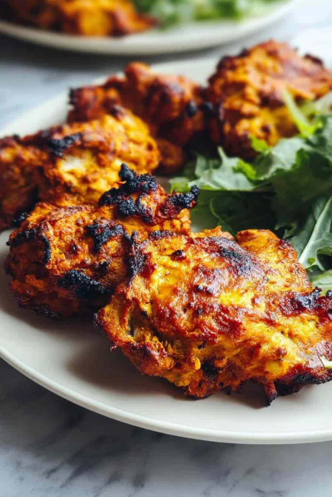 Raw chicken thighs coated in red Tandoori Chicken marinade in a glass bowl.